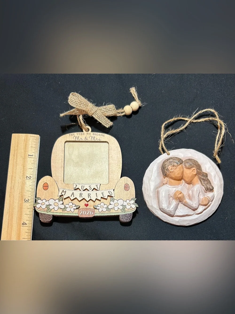 Just Married Wooden Ornament Frame in Natural and Cream - Wedding Keepsake
